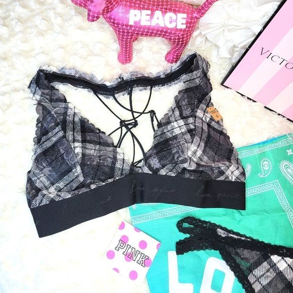NWT 2PC PINK VICTORIA SECRET BRALETTE LACE THONG BLACK WHITE PLAID BANDANA SMALL - Picture 3 of 12